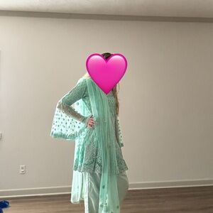 Elegant Mint Green Embroidered Outfit